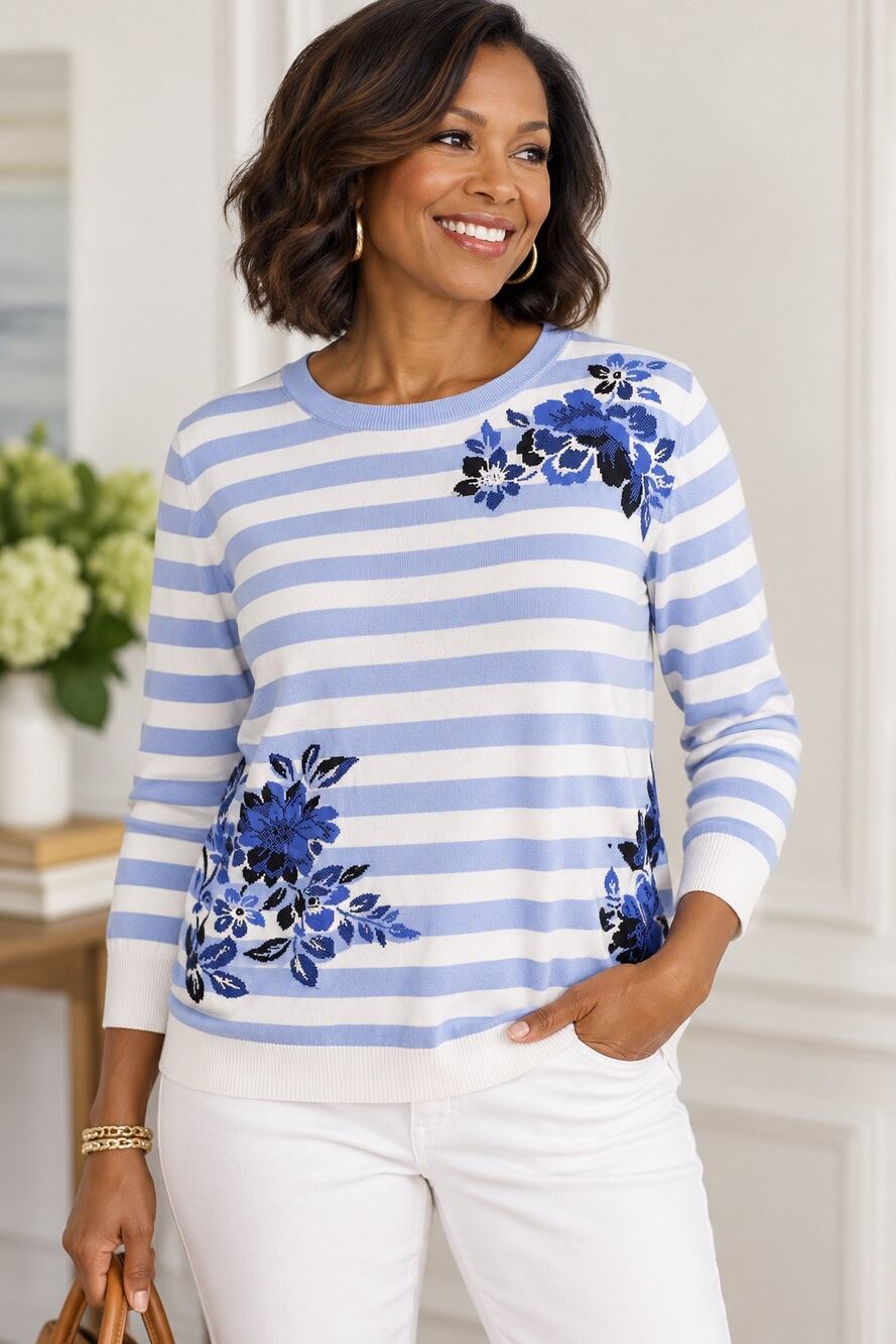 Talbots Blue White Striped Floral Sweater Pullover Coastal Preppy M